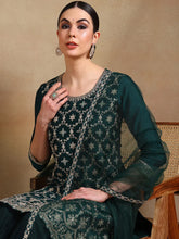 Women Green Silk Blend Embroidered Straight Kurta Sharara Set With Dupatta